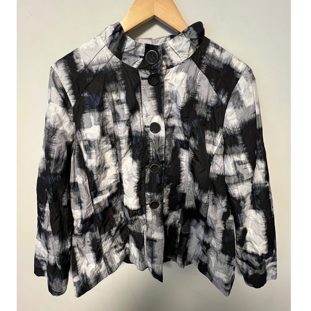 Chico's Jacket Women Size 2 Large Black White Abstract Button Front Good